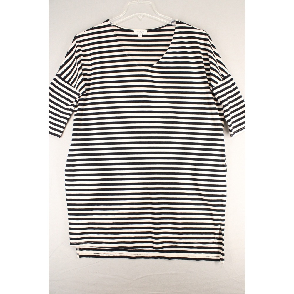 Umgee Tunic Top M Black White Striped Cotton Blend V-Neck Minimalist Coastal